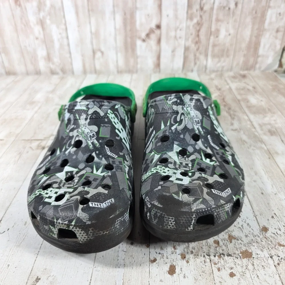 Crocs Minecraft Classic Clogs Mens 13 Black Green Grey Creeper TNT Graphic Shoes